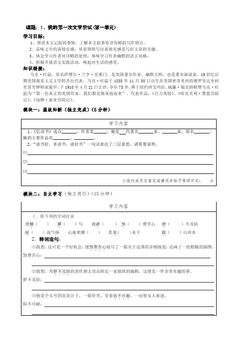 广东省河源市中英文实验学校七年级语文上册《第2课 我的第一次文学尝试》讲学稿