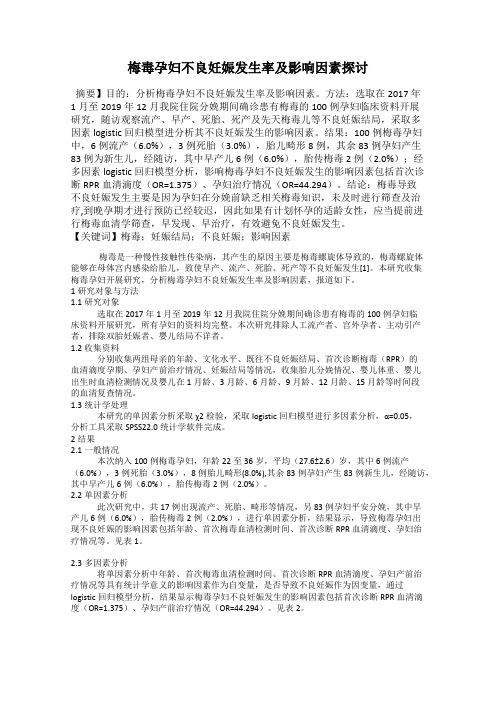 梅毒孕妇不良妊娠发生率及影响因素探讨