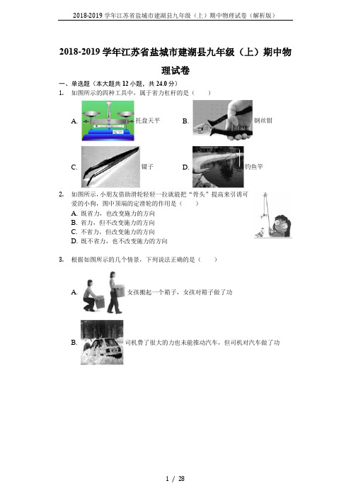 2018-2019学年江苏省盐城市建湖县九年级(上)期中物理试卷(解析版)