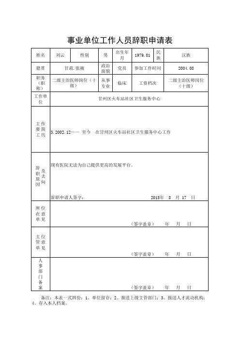 事业单位工作人员辞职申请表(1)(2)