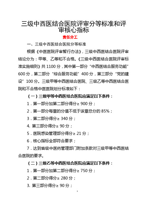 三级中西医结合医院评审分等标准和评审核心指标及责任分工