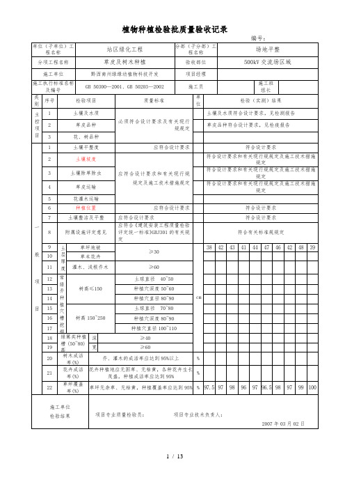 植物种植分项工程质量检验评定表