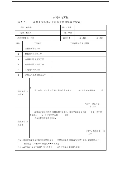 水利水电工程混凝土面板单元工程施工质量验收评定表