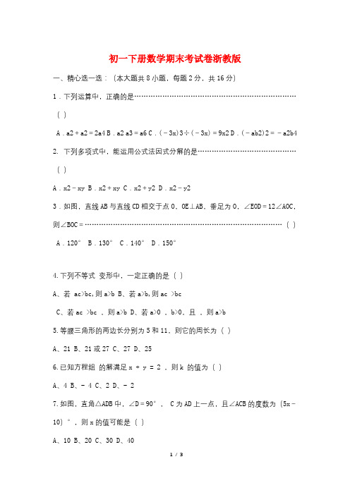 初一下册数学期末考试卷浙教版