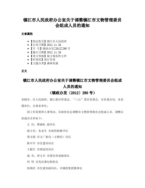 镇江市人民政府办公室关于调整镇江市文物管理委员会组成人员的通知