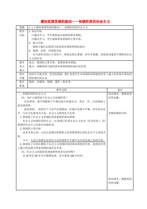 九年级道德与法治上册 第一单元 认识国情 爱我中华 1.1 感知祖国发展的脉动 第2框 初级阶段的社会主义教案