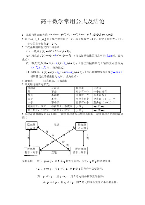 高中数学常用公式及结论大全