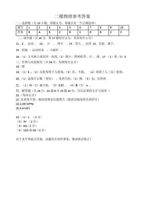 2015年中考第二次模拟考试题物理答案