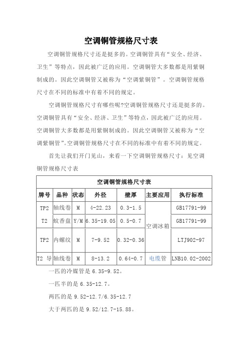 空调铜管规格尺寸表