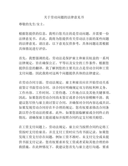 关于劳动问题的法律意见书