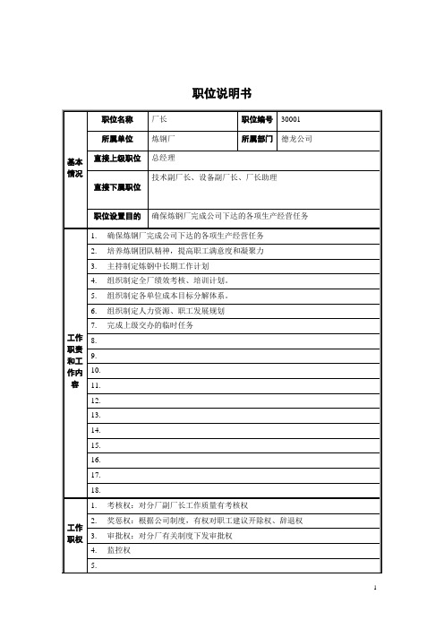 厂长职位职责说明书