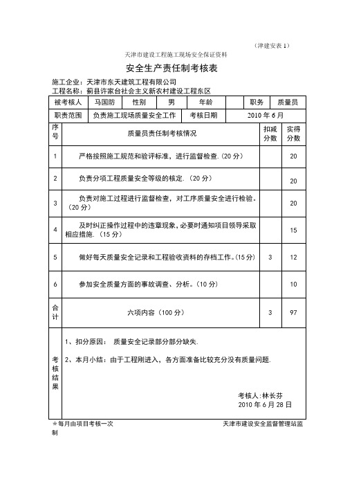 质量员安全生产责任制考核