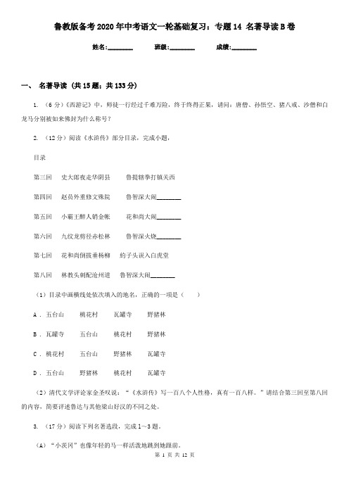 鲁教版备考2020年中考语文一轮基础复习：专题14 名著导读B卷