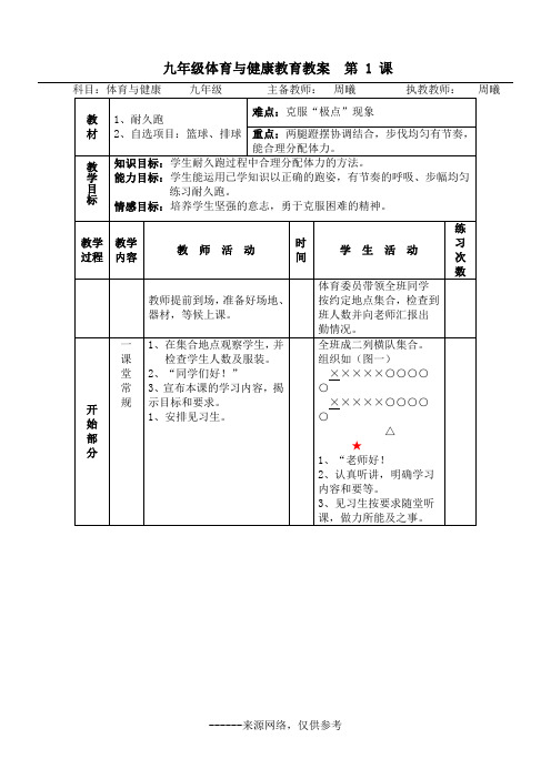 九年级体育与健康教育教案  第 1 课