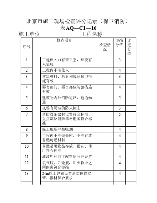 北京市施工现场检查评分记录保卫消防