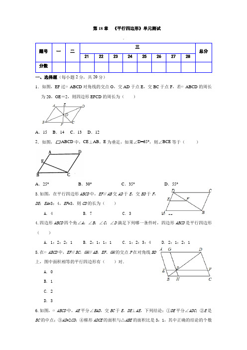 人教版八年级数学下册 第18章《 平行四边形 》单元同步检测试题(Word版附答案)