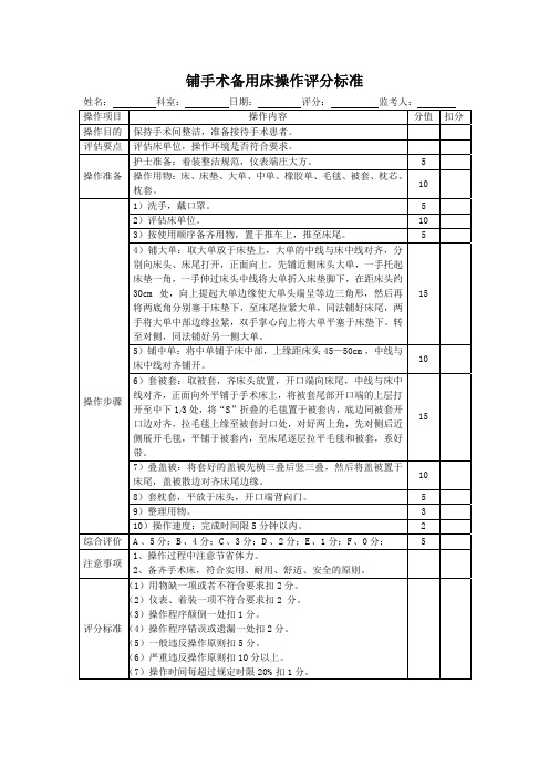 铺手术备用床操作评分标准表