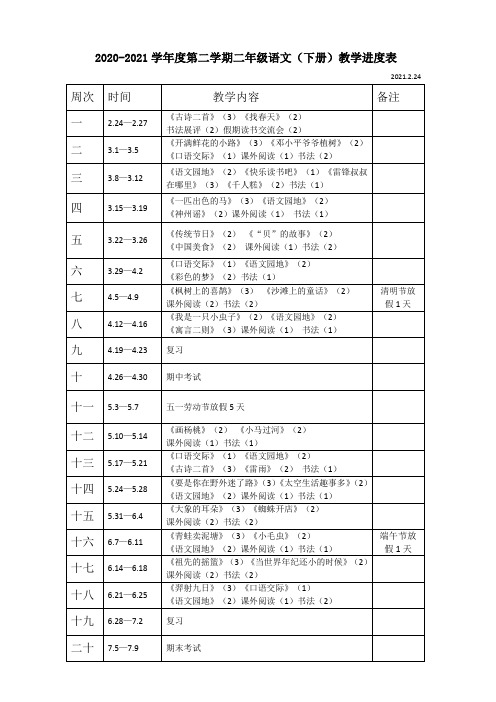 最新部编版4.二年级语文下册教学进度表