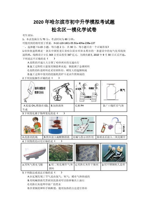 2020年哈尔滨市松北区九年级化学一模(附答案)