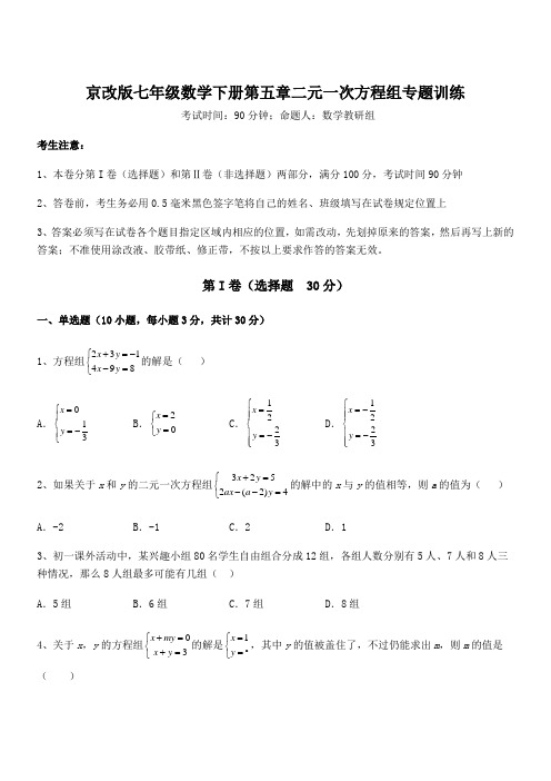 精品解析2022年最新京改版七年级数学下册第五章二元一次方程组专题训练试题(含解析)