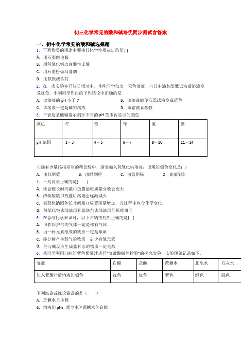 初三化学常见的酸和碱培优同步测试含答案