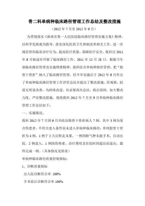 骨二科单病种临床路径管理工作总结及整改措施