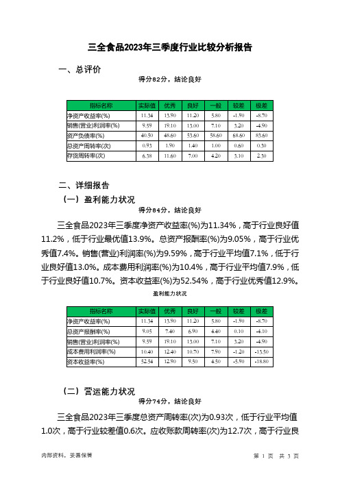 002216三全食品2023年三季度行业比较分析报告