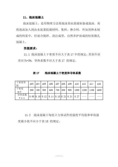 泡沫混凝土指标要求