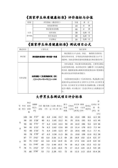 体能测试评分标准与折算公式