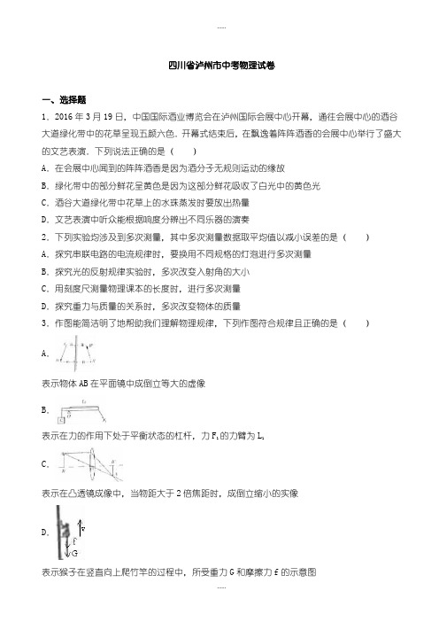 精编2019级四川省泸州市中考物理模拟试卷(有标准答案)(word版)