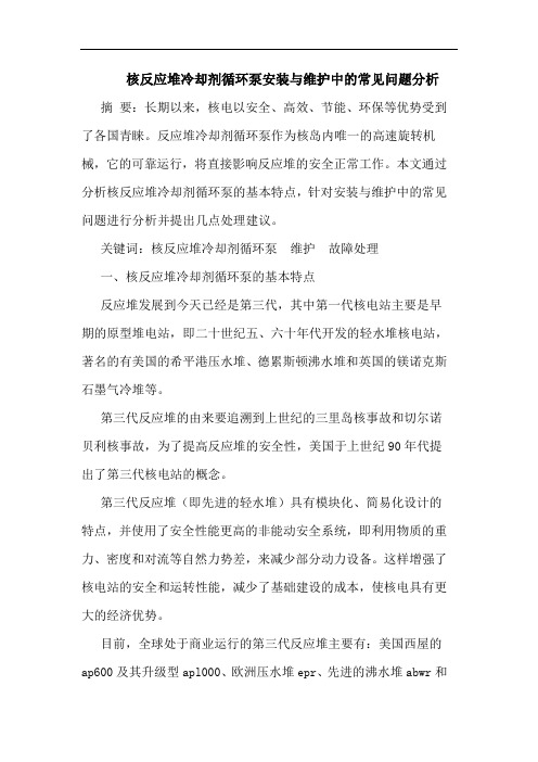 核反应堆冷却剂循环泵安装与维护中的常见问题分析