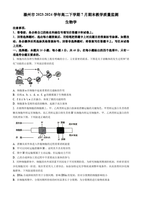 安徽省滁州市2023-2024学年高二下学期7月期末教学质量监测生物学试题(含答案)