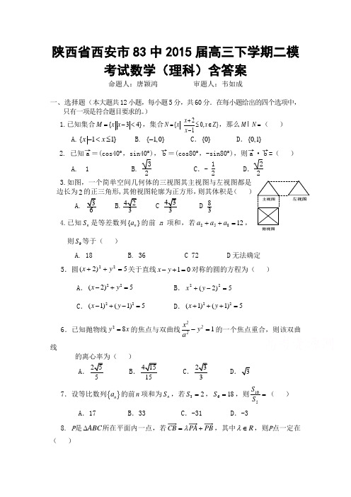 陕西省西安市83中2015届高三下学期二模考试数学(理科)含答案