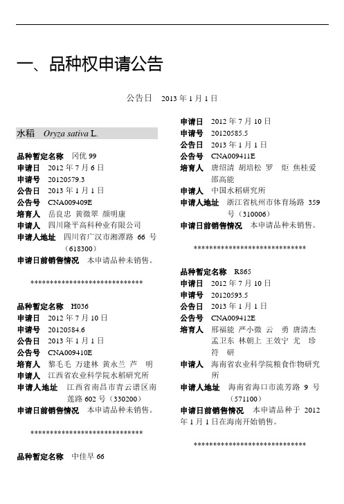 品种权申请公告