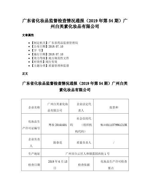 广东省化妆品监督检查情况通报（2019年第54期）广州白芙素化妆品有限公司