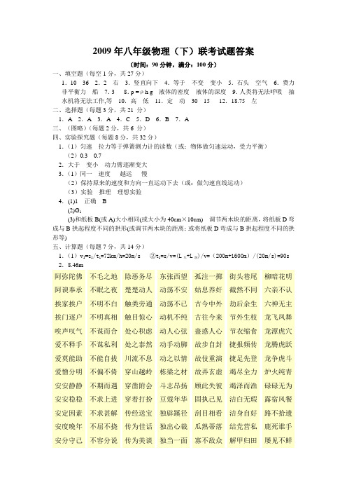 2009年八年级物理(下)联考试卷答案