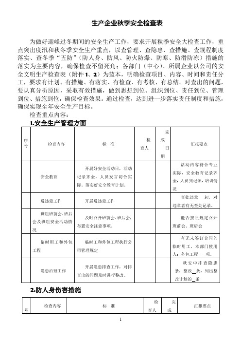 秋季安全检查表