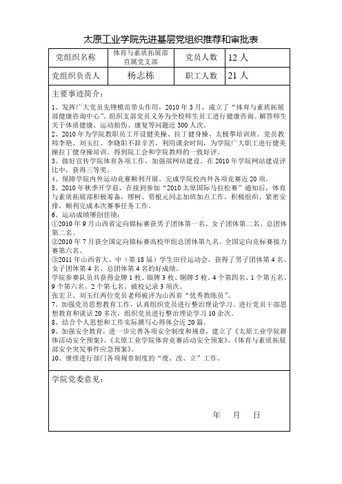 太原工业学院先进基层党组织推荐和审批表