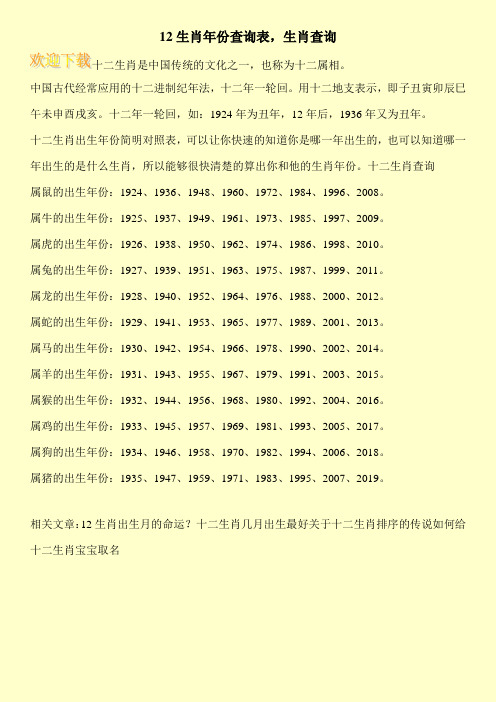 12生肖年份查询表,生肖查询