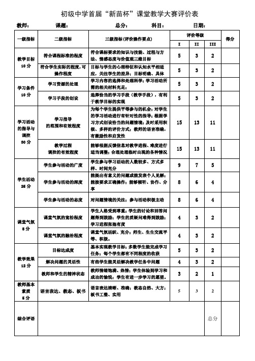 初级中学“新苗杯”评价表