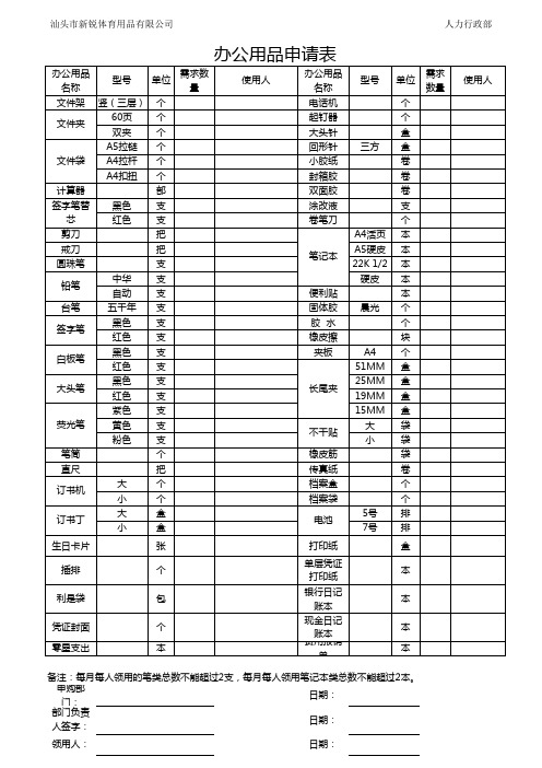 办公用品申请表格