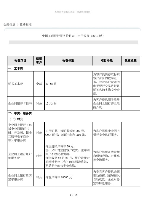 中国工商银行服务价目表1