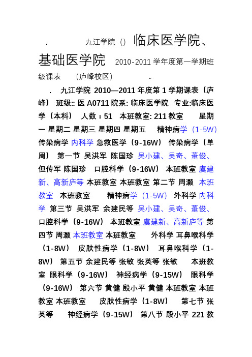 2010-2011 学年度第一学期班级课表(庐峰校区)