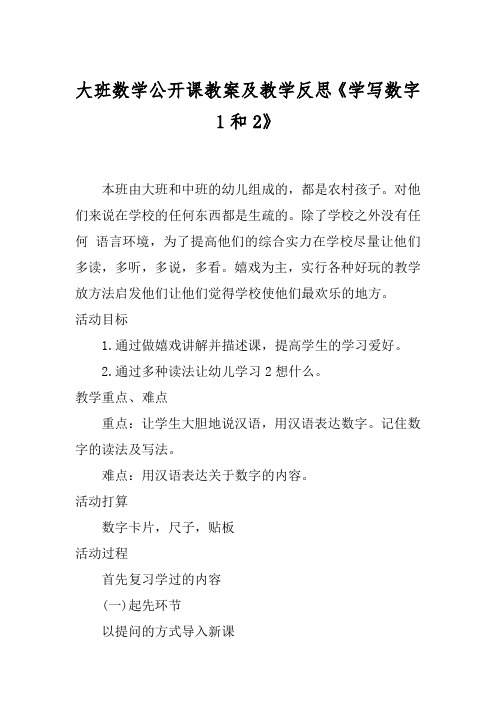 大班数学公开课教案及教学反思《学写数字1和2》