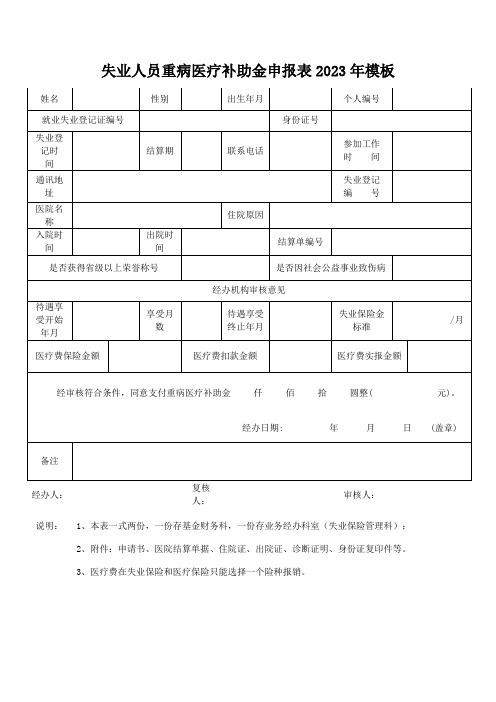 失业人员重病医疗补助金申报表2023年模板