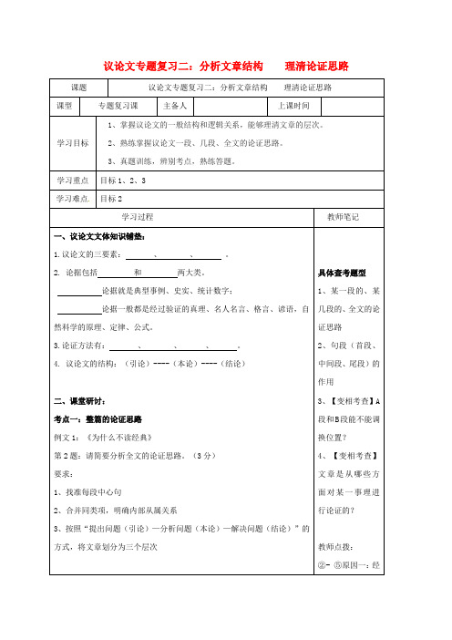 内蒙古鄂尔多斯市2017年中考语文议论文专题复习二分析文章结构理清论证思路学案