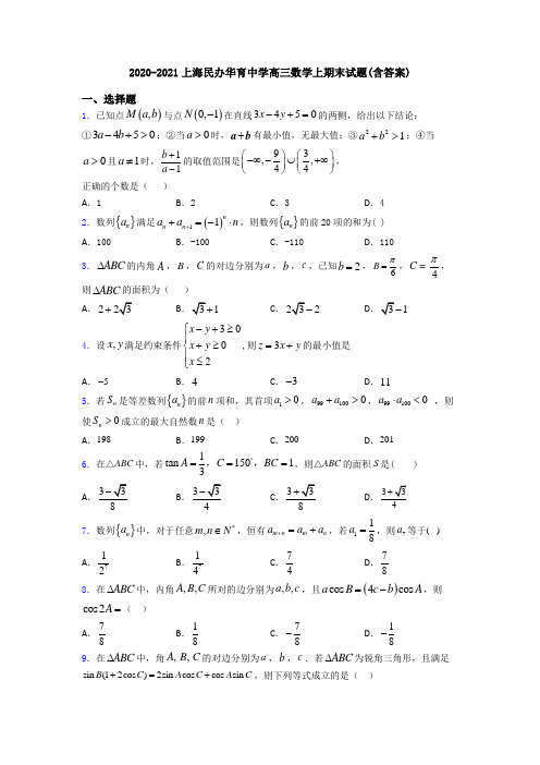 2020-2021上海民办华育中学高三数学上期末试题(含答案)