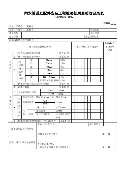 雨水管道及配件安装工程检验批质量验收记录表