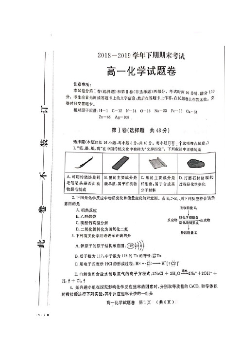 2018-2019学年河南省郑州市高一下学期期末考试化学试卷及答案