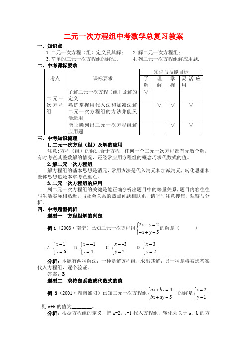 二元一次方程组中考数学总复习教案